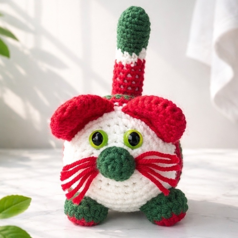 Handmade Crochet Christmas Cat Red Green White Amigurumi Kitten Toy 6in Handknit